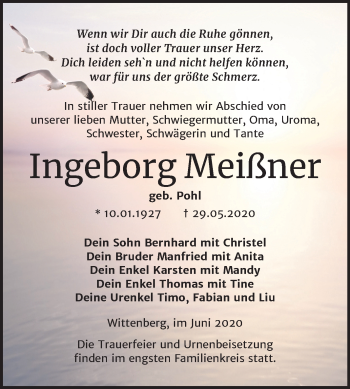 Traueranzeige von Ingeborg Meißner von Super Sonntag Wittenberg