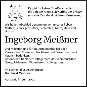 Traueranzeige von Ingeborg Meißner von Mitteldeutsche Zeitung Wittenberg