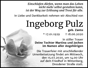 Traueranzeige von Ingeborg Pulz von Mitteldeutsche Zeitung Wittenberg