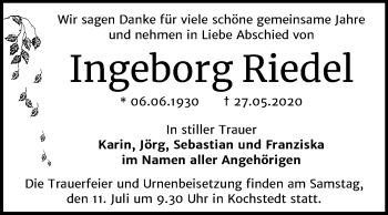 Traueranzeige von Ingeborg Riedel von Mitteldeutsche Zeitung Dessau-Roßlau