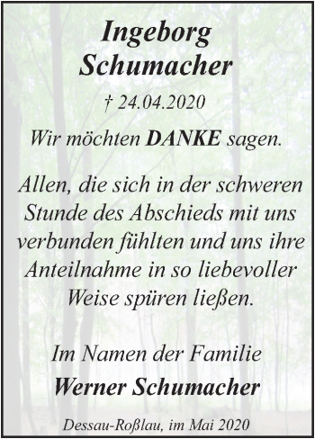 Traueranzeige von Ingeborg Schumacher von Super Sonntag Mansfelder Land