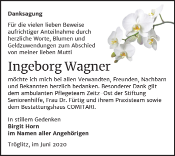 Traueranzeige von Ingeborg Wagner von Mitteldeutsche Zeitung Zeitz