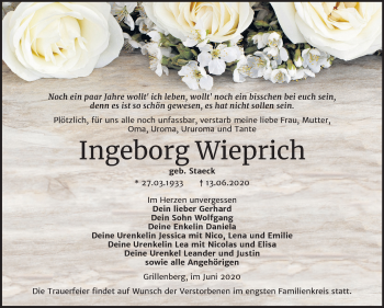 Traueranzeige von Ingeborg Wieprich von Mitteldeutsche Zeitung Sangerhausen