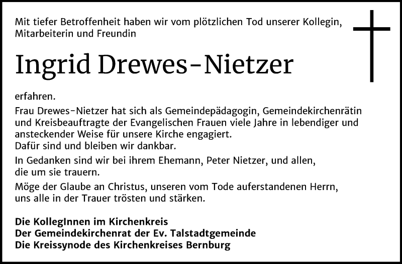  Traueranzeige für Ingrid Drewes-Nietzer vom 11.06.2020 aus Mitteldeutsche Zeitung 