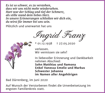 Traueranzeige von Ingrid Franz von Mitteldeutsche Zeitung Merseburg/Querfurt