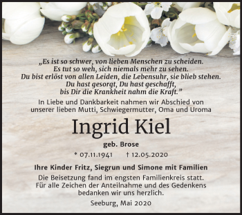 Traueranzeige von Ingrid Kiel von Mitteldeutsche Zeitung Mansfelder Land