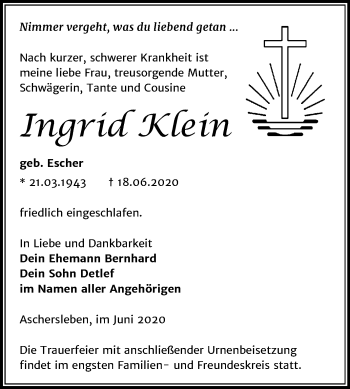 Traueranzeige von Ingrid Klein von Super Sonntag Aschersleben