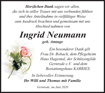 Traueranzeige von Ingrid Neumann von Mitteldeutsche Zeitung Quedlinburg