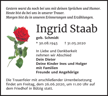 Traueranzeige von Ingrid Staab von Mitteldeutsche Zeitung Wittenberg