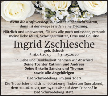 Traueranzeige von Ingrid Zschiesche von Mitteldeutsche Zeitung Wittenberg