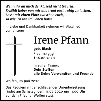 Traueranzeige von Irene Pfann von Mitteldeutsche Zeitung Bitterfeld