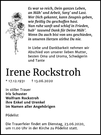 Traueranzeige von Irene Rockstroh von Wochenspiegel Naumburg/Nebra