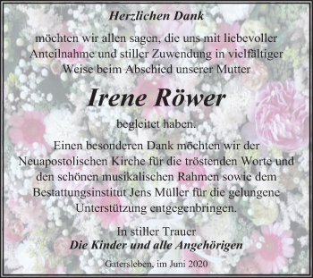 Traueranzeige von Irene Röwer von Super Sonntag Aschersleben