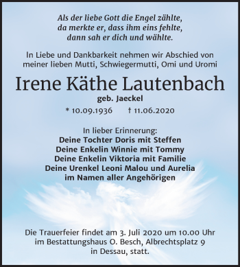 Traueranzeige von Irene Käthe Lautenbach von Super Sonntag Dessau-Roßlau
