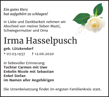 Traueranzeige von Irma Hasselpusch von Super Sonntag Merseburg/Querfurt