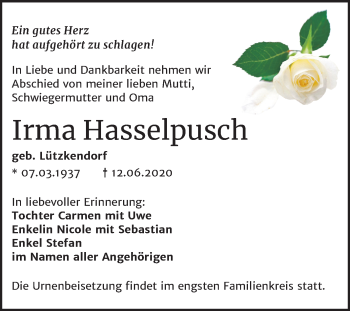 Traueranzeige von Irma Hasselpusch von Mitteldeutsche Zeitung Merseburg/Querfurt