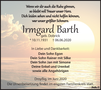 Traueranzeige von Irmgard Barth von Super Sonntag Zeitz