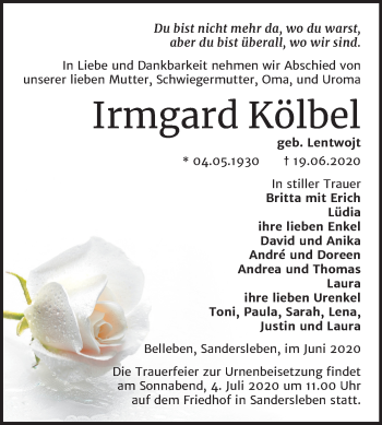 Traueranzeige von Irmgard Kölbel von Mitteldeutsche Zeitung Mansfelder Land