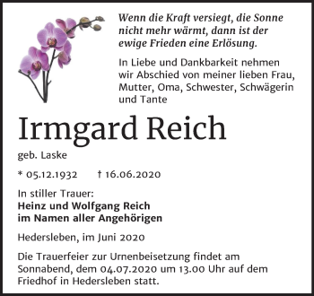 Traueranzeige von Irmgard Reich von Mitteldeutsche Zeitung Mansfelder Land