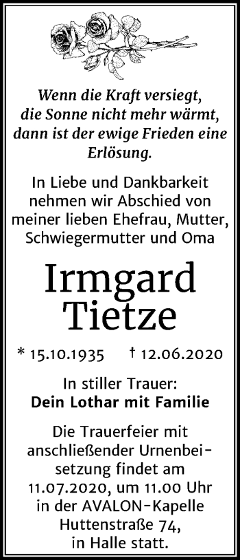 Traueranzeige von Irmgard Tietze von Mitteldeutsche Zeitung Halle/Saalkreis