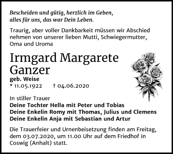 Traueranzeige von Irmgard Margarete Ganzer von Super Sonntag Wittenberg