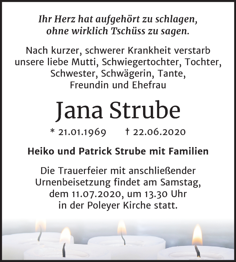  Traueranzeige für Jana Strube vom 27.06.2020 aus Mitteldeutsche Zeitung Bernburg