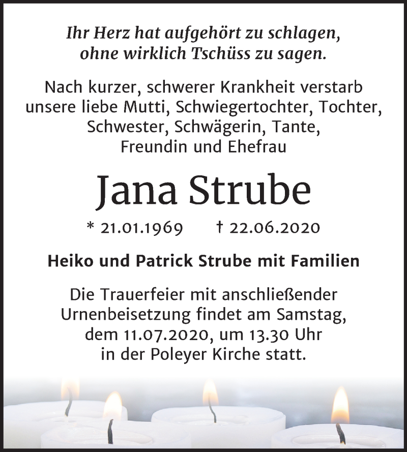  Traueranzeige für Jana Strube vom 27.06.2020 aus Super Sonntag Bernburg