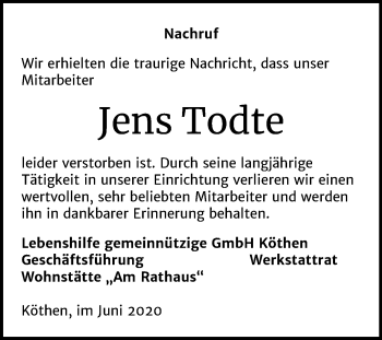 Traueranzeige von Jens Todte von Mitteldeutsche Zeitung Köthen