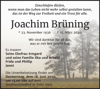 Traueranzeige von Joachim Brüning von Mitteldeutsche Zeitung Zeitz