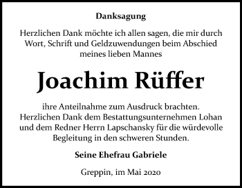 Traueranzeige von Joachim Rüffer von Wochenspiegel Bitterfeld