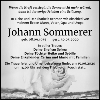 Traueranzeige von Johann Sommerer von Wochenspiegel Bitterfeld