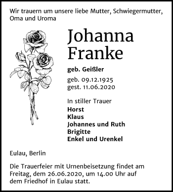 Traueranzeige von Johanna Franke von Mitteldeutsche Zeitung Naumburg/Nebra