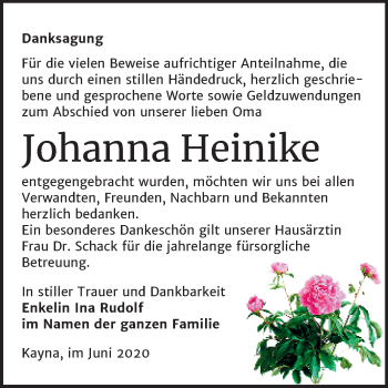 Traueranzeige von Johanna Heinike von Super Sonntag Zeitz
