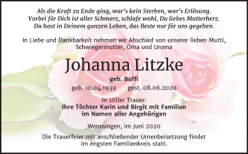 Traueranzeige von Johanna Litzke von Mitteldeutsche Zeitung Naumburg/Nebra