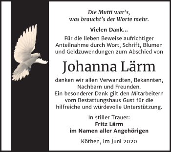 Traueranzeige von Johanna Lärm von Super Sonntag Köthen