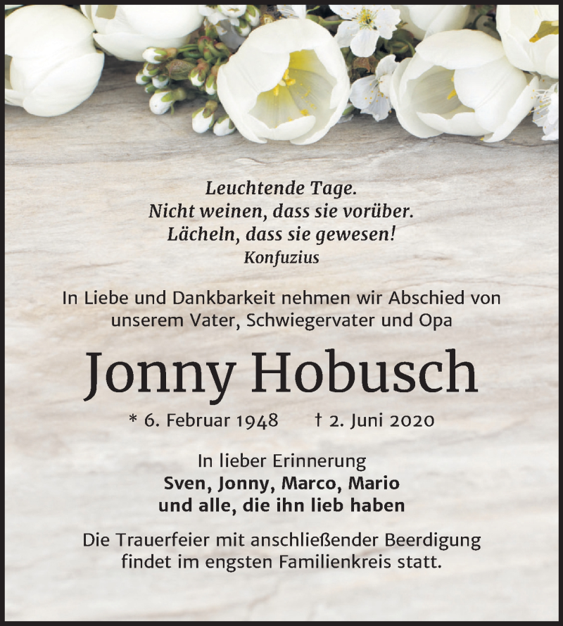  Traueranzeige für Jonny Hobusch vom 06.06.2020 aus Mitteldeutsche Zeitung Halle/Saalkreis