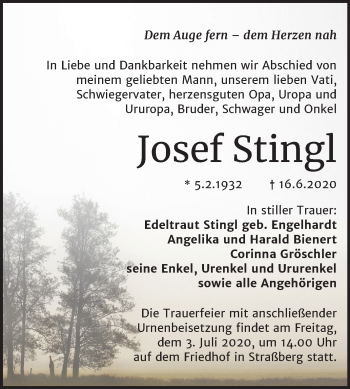 Traueranzeige von Josef Stingl von Super Sonntag Quedlinburg