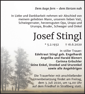 Traueranzeige von Josef Stingl von Mitteldeutsche Zeitung Quedlinburg