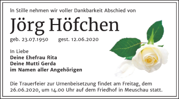 Traueranzeige von Jörg Höfchen von Mitteldeutsche Zeitung Merseburg/Querfurt