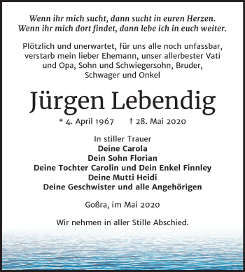 Traueranzeige von Jürgen Lebendig von Super Sonntag Zeitz