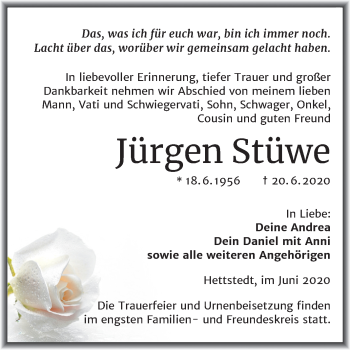 Traueranzeige von Jürgen Stüwe von Mitteldeutsche Zeitung Mansfelder Land