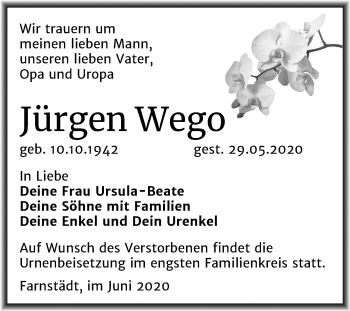Traueranzeige von Jürgen Wego von Mitteldeutsche Zeitung Merseburg/Querfurt