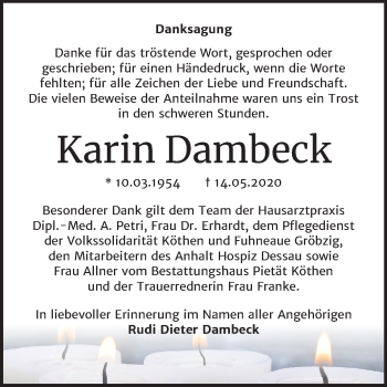 Traueranzeige von Karin Dambeck von Super Sonntag Köthen