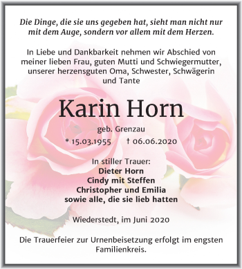 Traueranzeige von Karin Horn von Super Sonntag Mansfelder Land