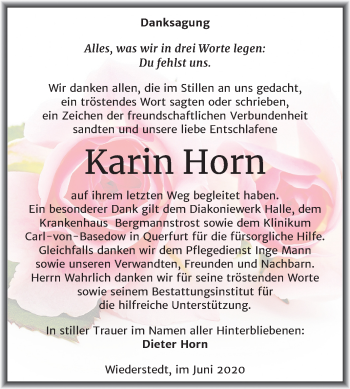 Traueranzeige von Karin Horn von Mitteldeutsche Zeitung Mansfelder Land