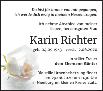 Traueranzeige von Karin Richter von Mitteldeutsche Zeitung Bernburg