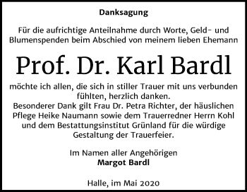 Traueranzeige von Karl Bardl von Mitteldeutsche Zeitung Halle/Saalkreis