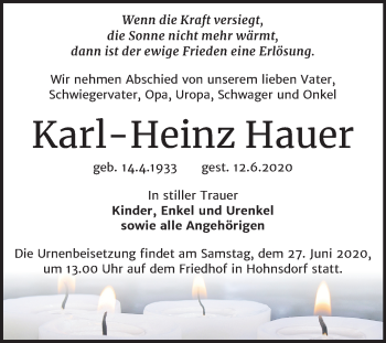 Traueranzeige von Karl-Heinz Hauer von Super Sonntag Köthen