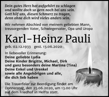 Traueranzeige von Karl-Heinz Pauli von Mitteldeutsche Zeitung Mansfelder Land