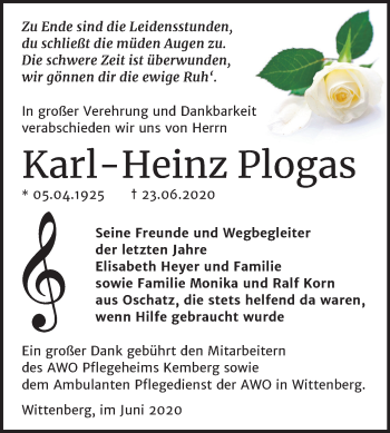 Traueranzeige von Karl-Heinz Plogas von Mitteldeutsche Zeitung Wittenberg